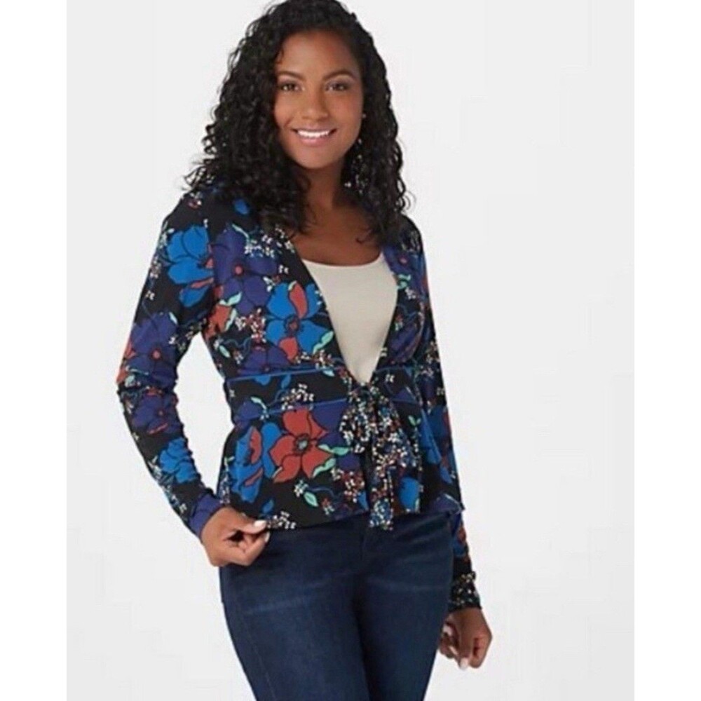 Susan Graver Black Floral Liquid Knit Long Sleeve Tie-Front Shrug Top XL